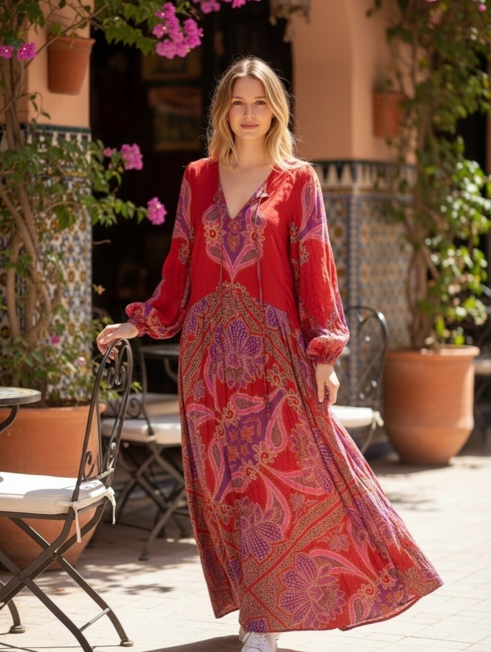 Farm Rio Women's Boho Red & Purple Paisley Maxi Dress Balloon Sleeves Sz L READ - Picture 13 of 13
